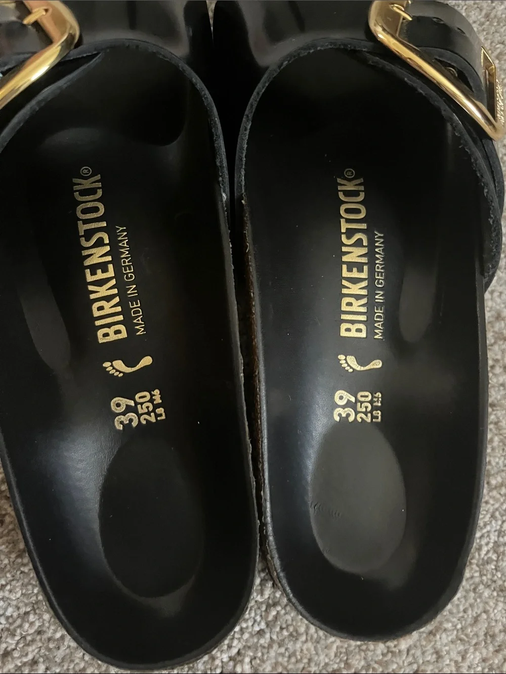 Birkenstock Black Gloss Single-Buckle Slide Sandals with Gold Buckles - Picture 2 of 4